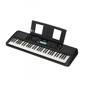 Black Yamaha keyboard on white background.